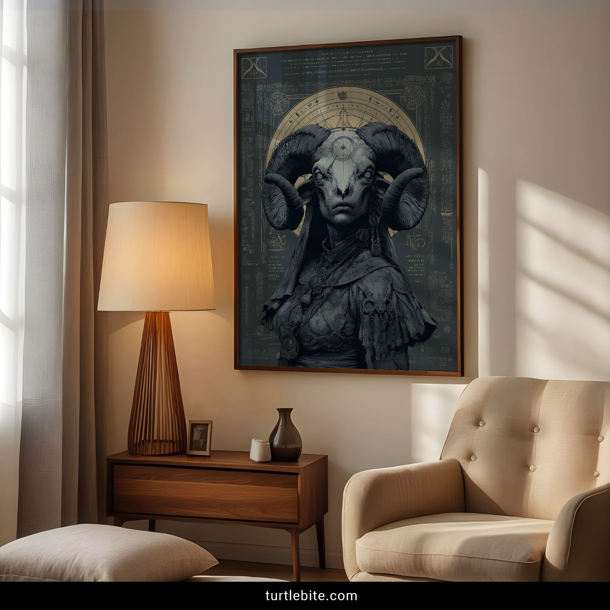Mysterious occult decor print blending human and ram skull with vintage celestial maps and baroque ornamentation