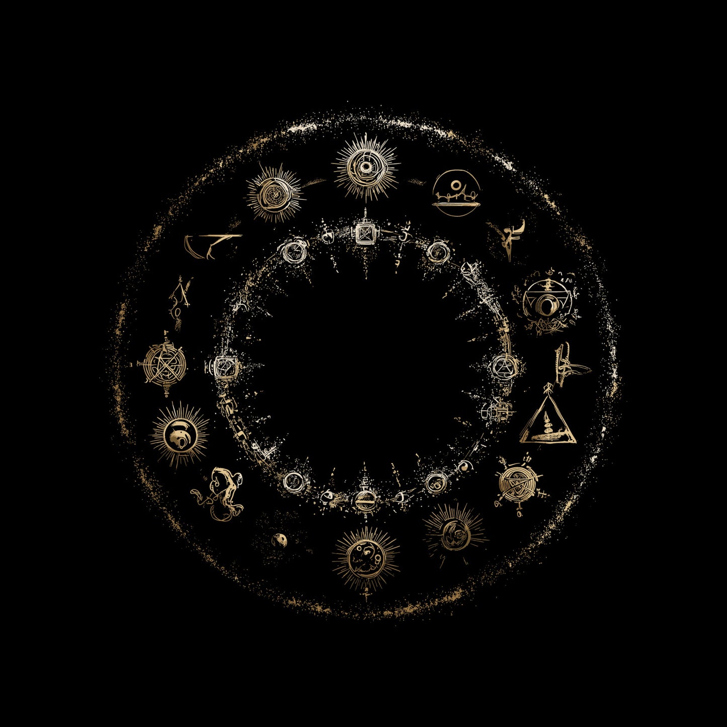 Occult t-shirt with golden celestial circle design featuring zodiac symbols and mystical elements
