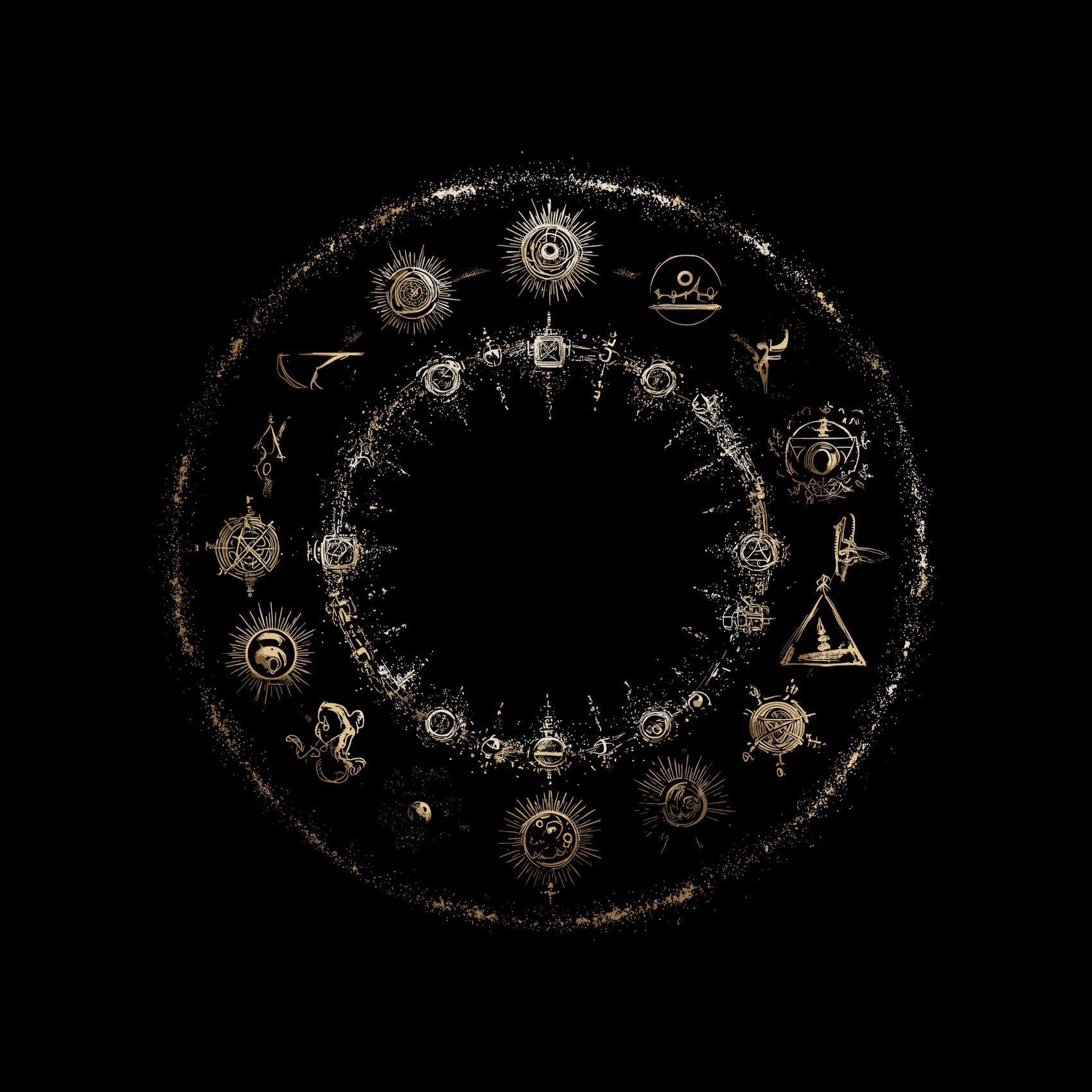 Occult t-shirt with golden celestial circle design featuring zodiac symbols and mystical elements