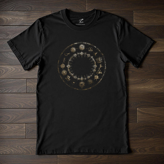 Occult t-shirt with golden celestial circle design featuring zodiac symbols and mystical elements on black fabric