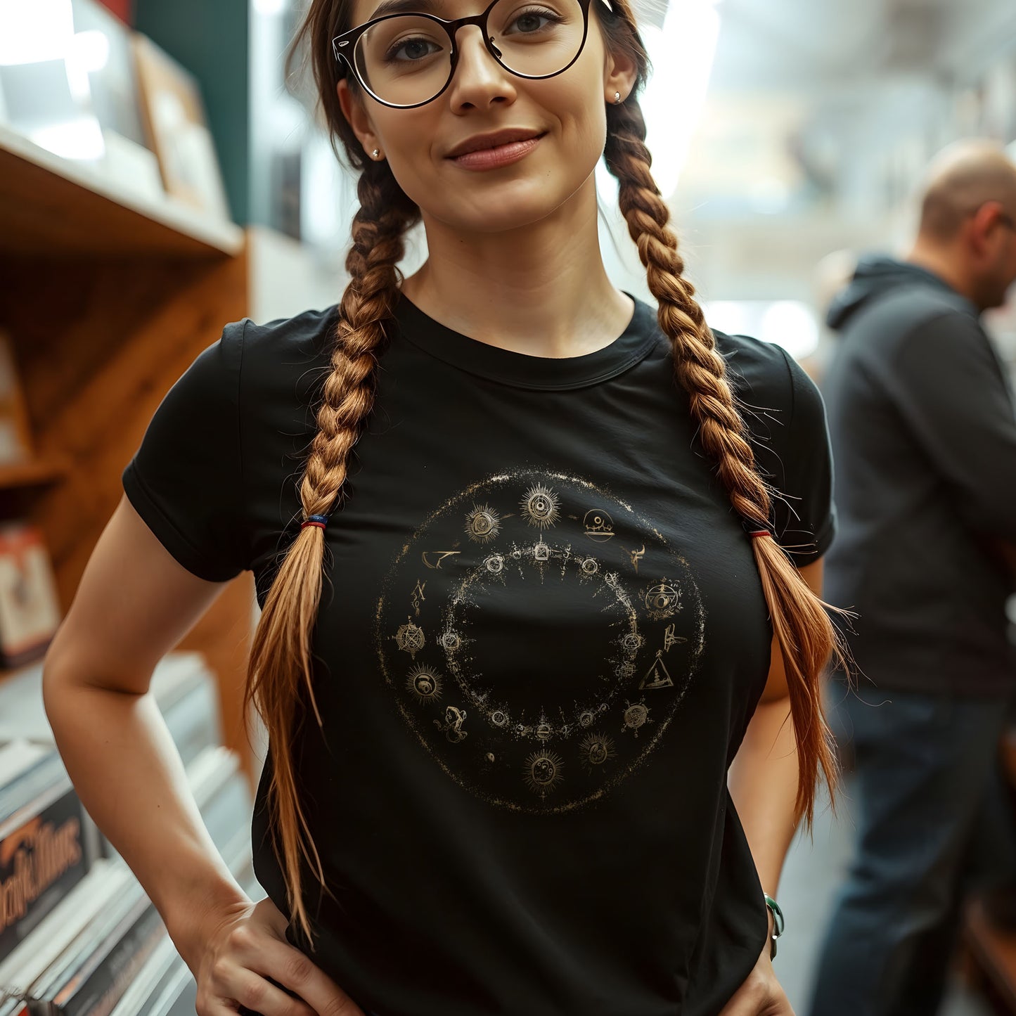 Gothic fashion tee showcasing esoteric art with planetary symbols and sacred geometry design
