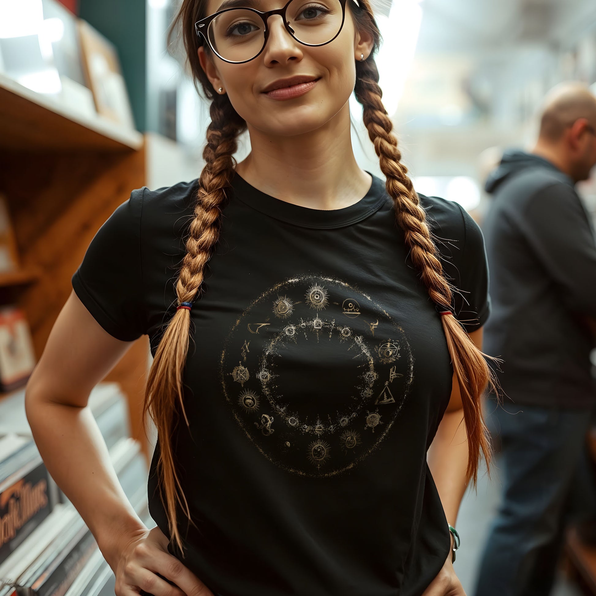 Gothic fashion tee showcasing esoteric art with planetary symbols and sacred geometry design