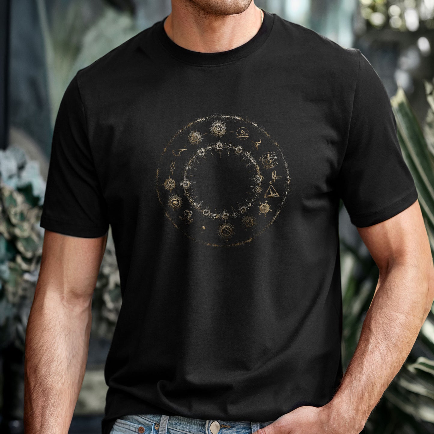 Gothic fashion tee showcasing esoteric art with planetary symbols and sacred geometry design