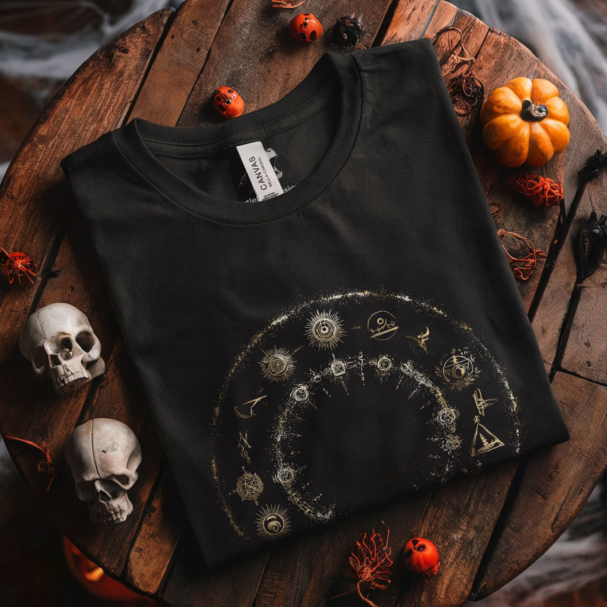 Dark academia aesthetic shirt featuring mystical celestial wheel with occult symbolism and zodiac signs