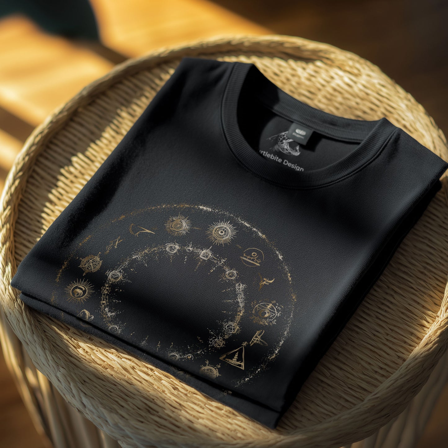 Spiritual apparel with golden cosmic circle design perfect for witch aesthetic and magical practitioners
