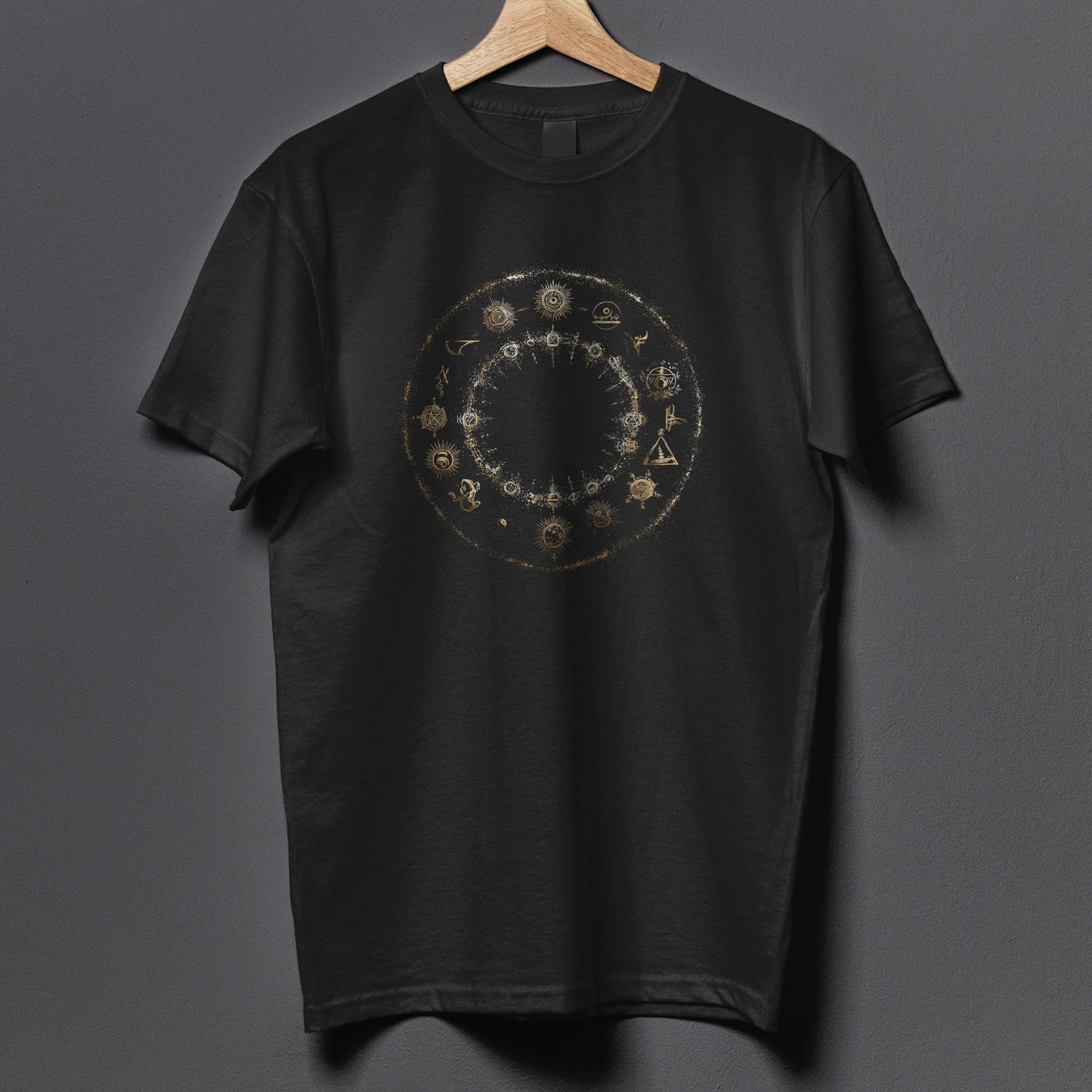 Spiritual apparel with golden cosmic circle design perfect for witch aesthetic and magical practitioners