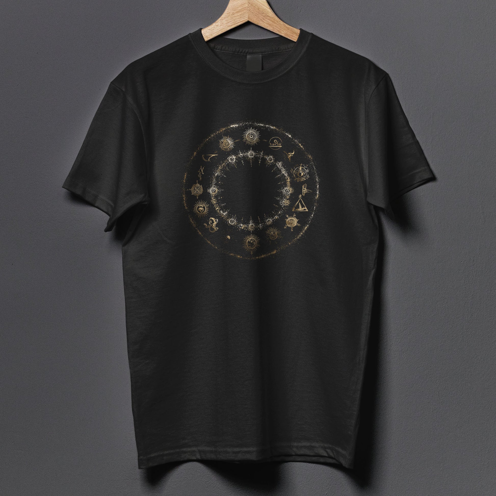 Spiritual apparel with golden cosmic circle design perfect for witch aesthetic and magical practitioners