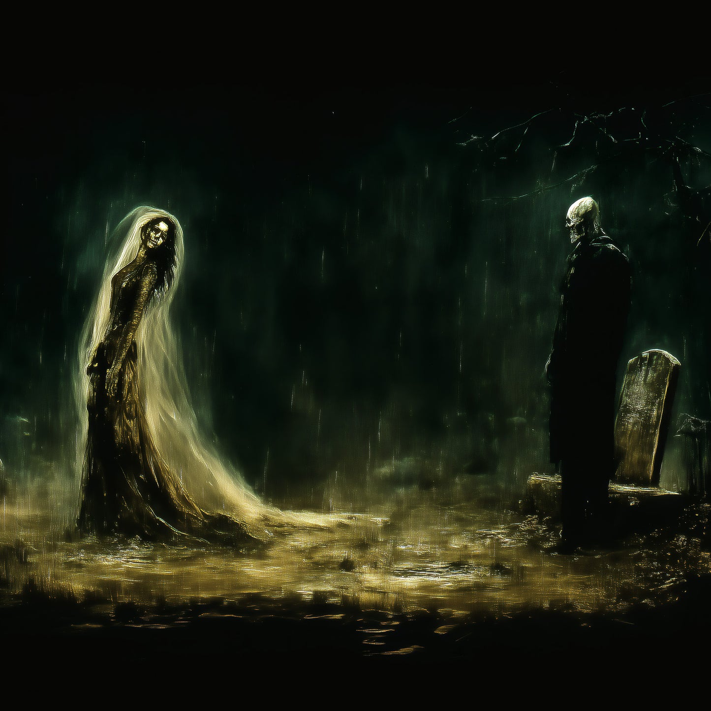 Gothic skeleton ghost figures in flowing shrouds standing in misty rainy graveyard with glowing green fog