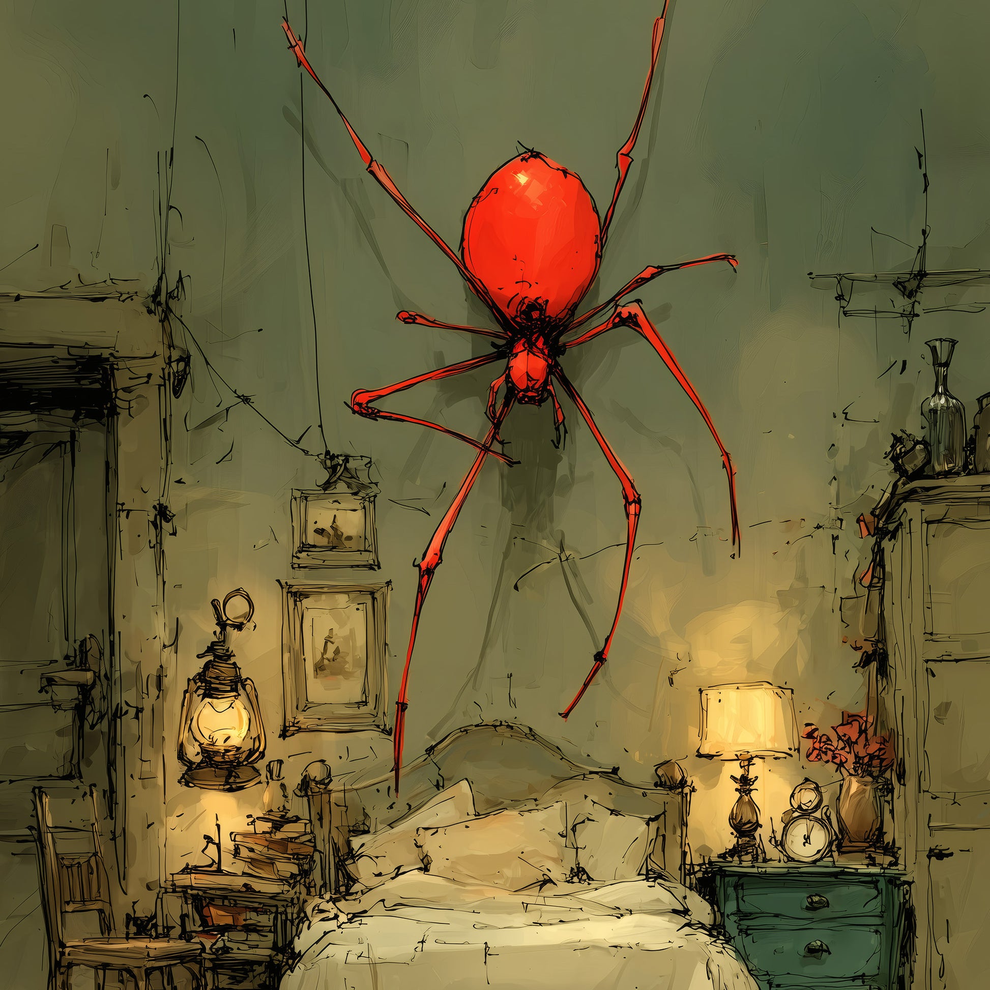Surreal art print showing giant red spider hanging above vintage bedroom with oil lamp and stacked books