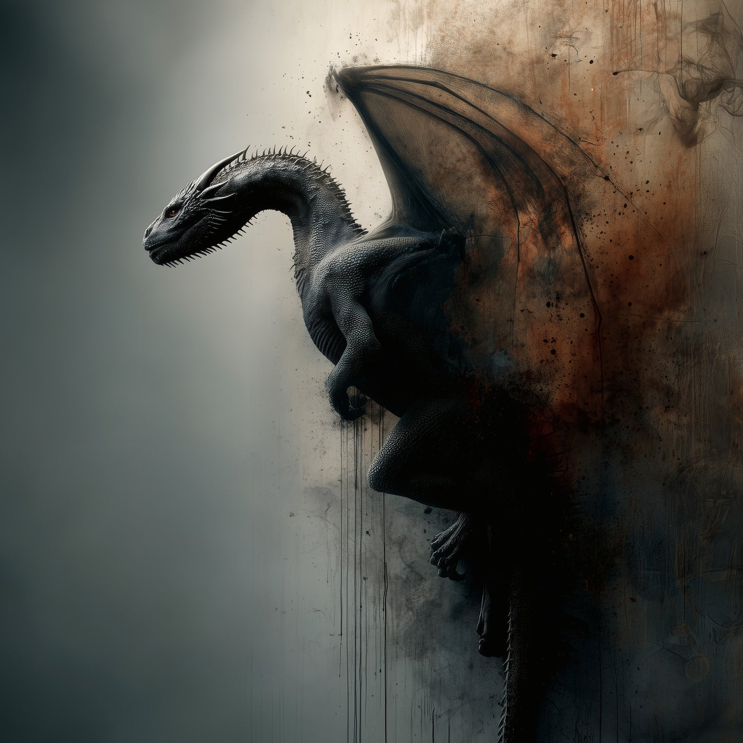 Black dragon emerging from distressed wall with rust textures and dripping paint effects