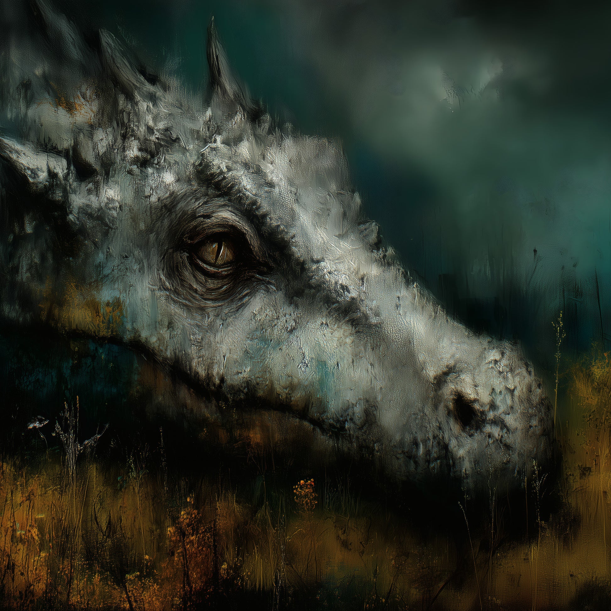 Melancholic dragon art print with golden eye in moody teal atmospheric background