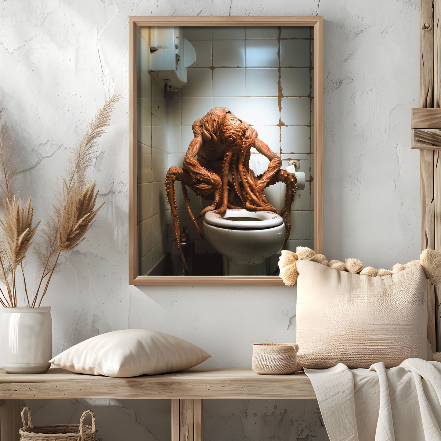 Poster of Sad Octopus Monster on Toilet: Gothic Wall Art