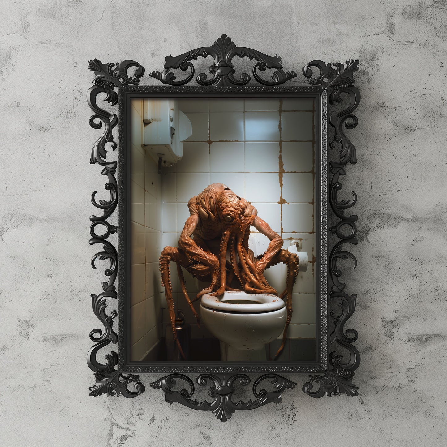 Poster of Sad Octopus Monster on Toilet: Gothic Wall Art