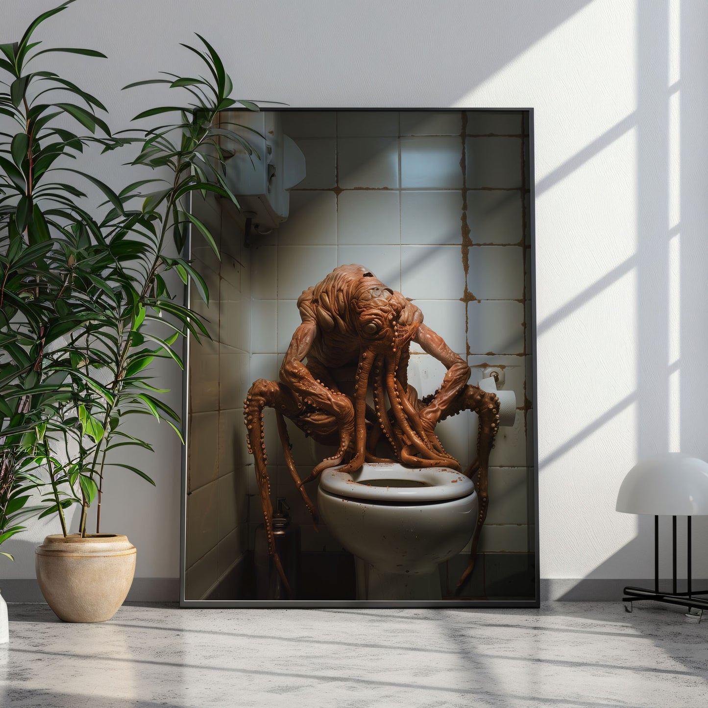 Poster of Sad Octopus Monster on Toilet: Gothic Wall Art