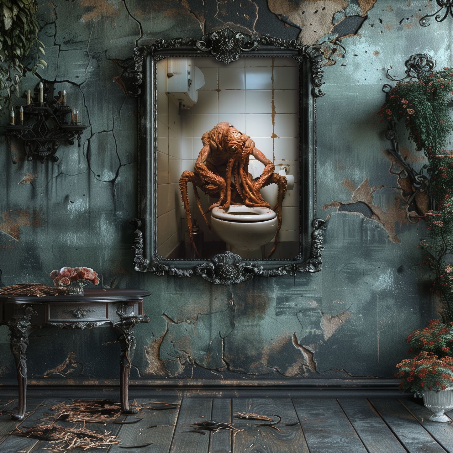 Poster of Sad Octopus Monster on Toilet: Gothic Wall Art