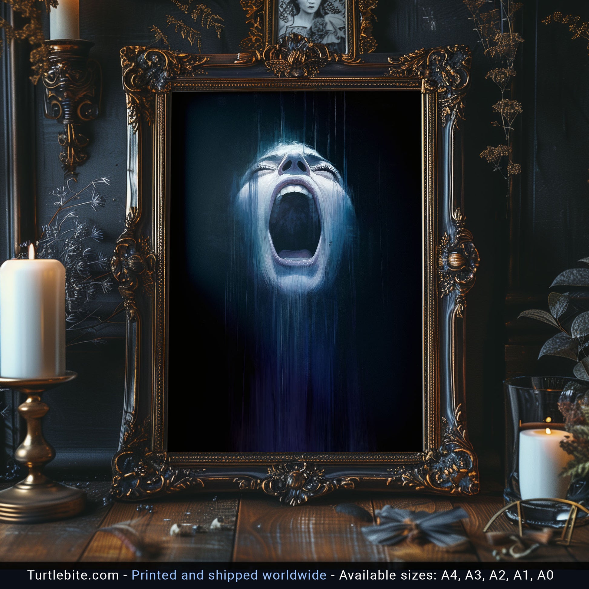 Macabre wall poster showing haunting face in dark blue horror art style