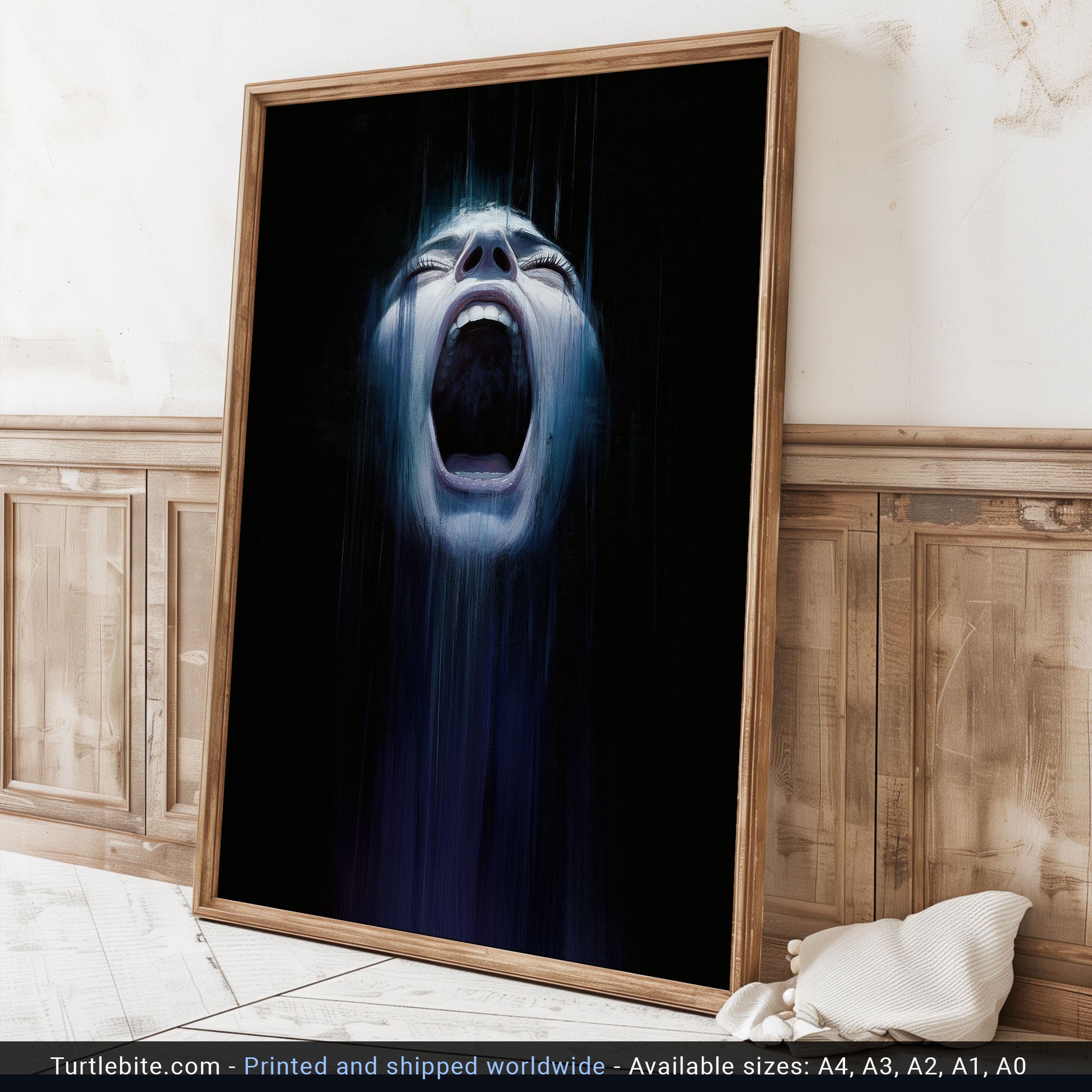 Spooky wall art featuring anguished expression in dramatic horror style print