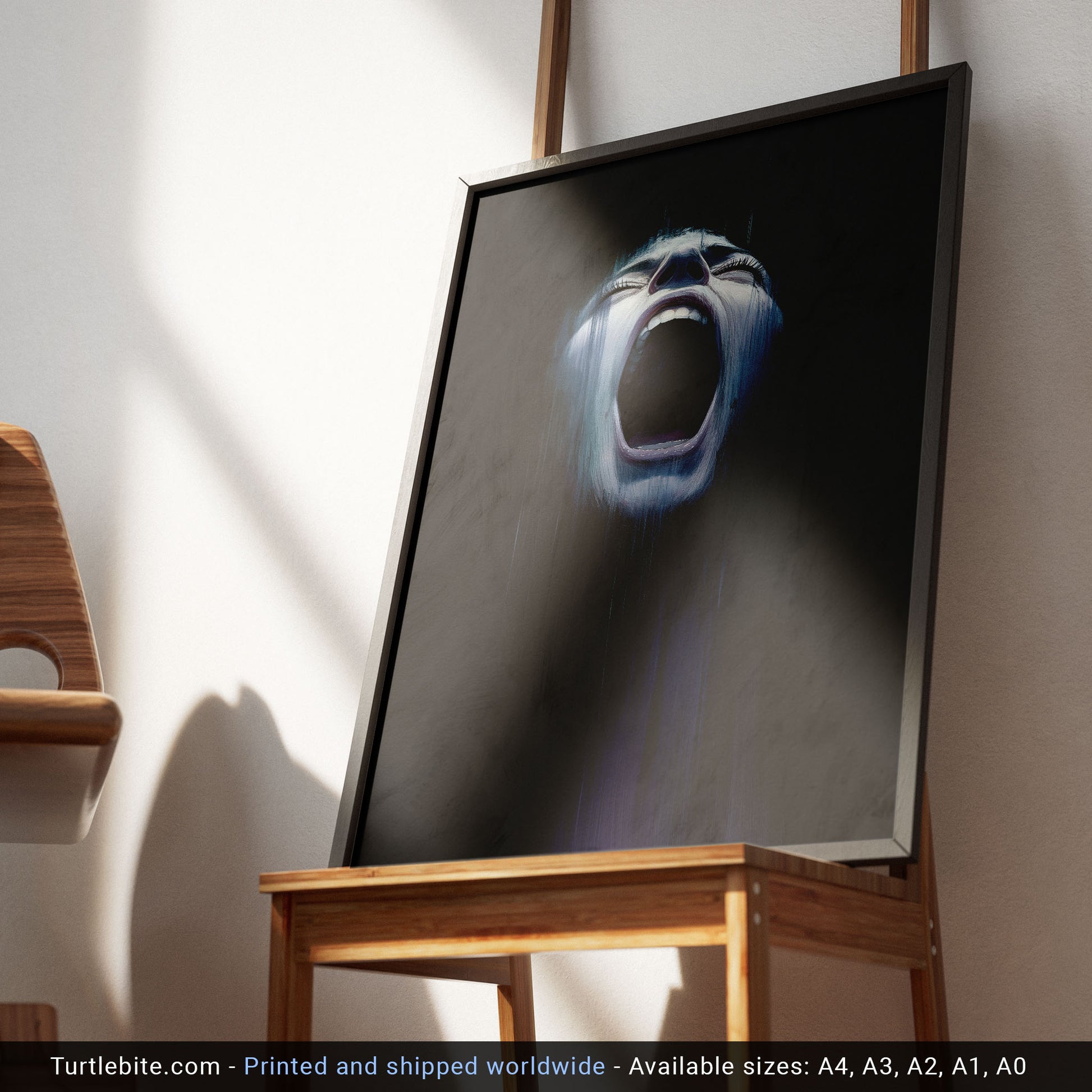 Gothic home decor scream portrait with eerie blue streaming effects artwork