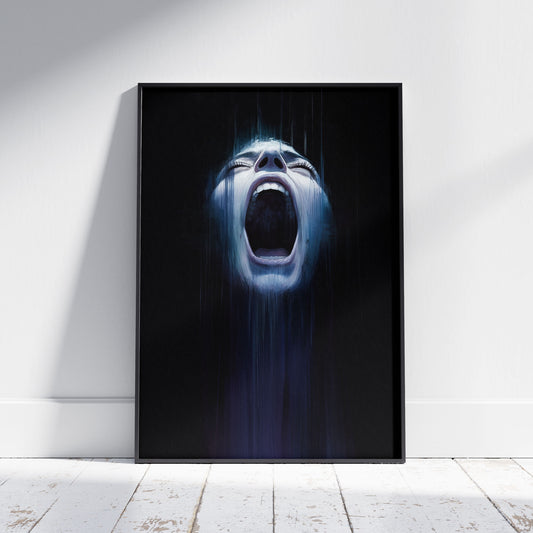 Dark horror scream art print with haunting blue portrait for gothic wall decor