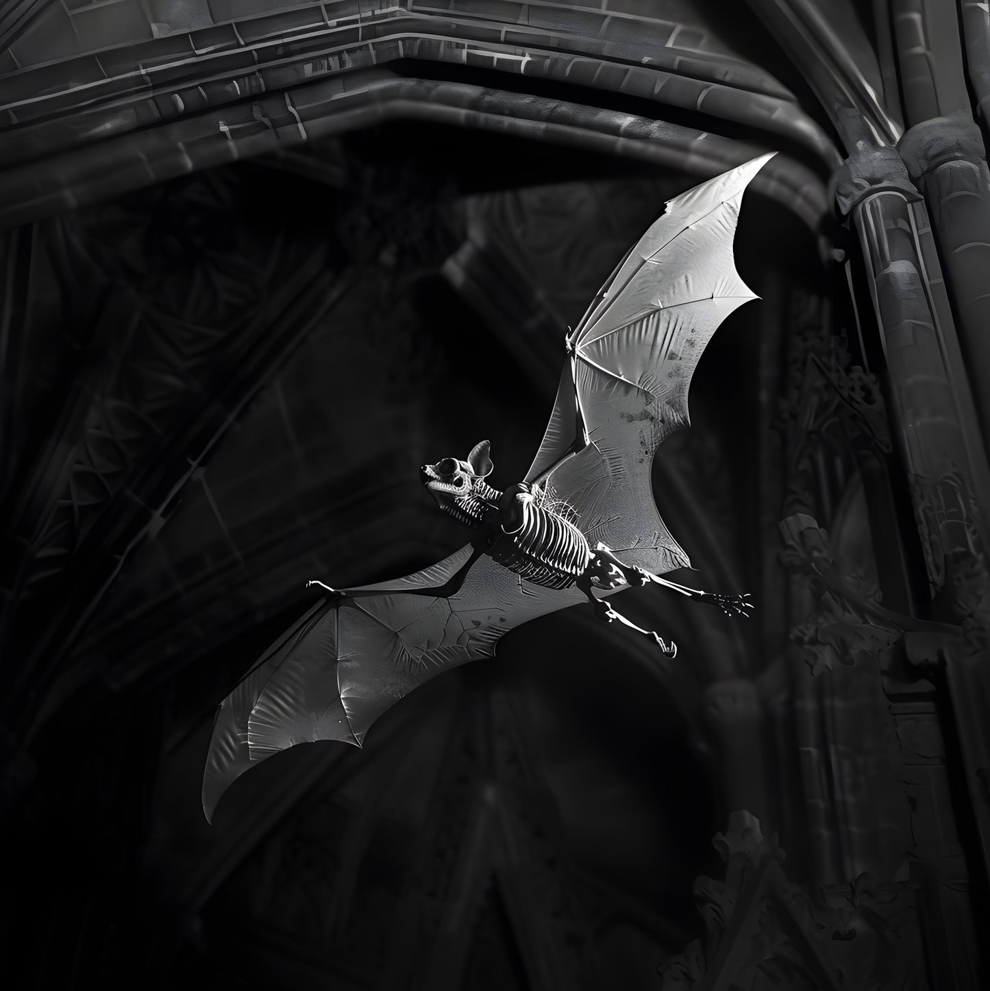 Creepy Skeletal Bat in Dark Church - Wall Art