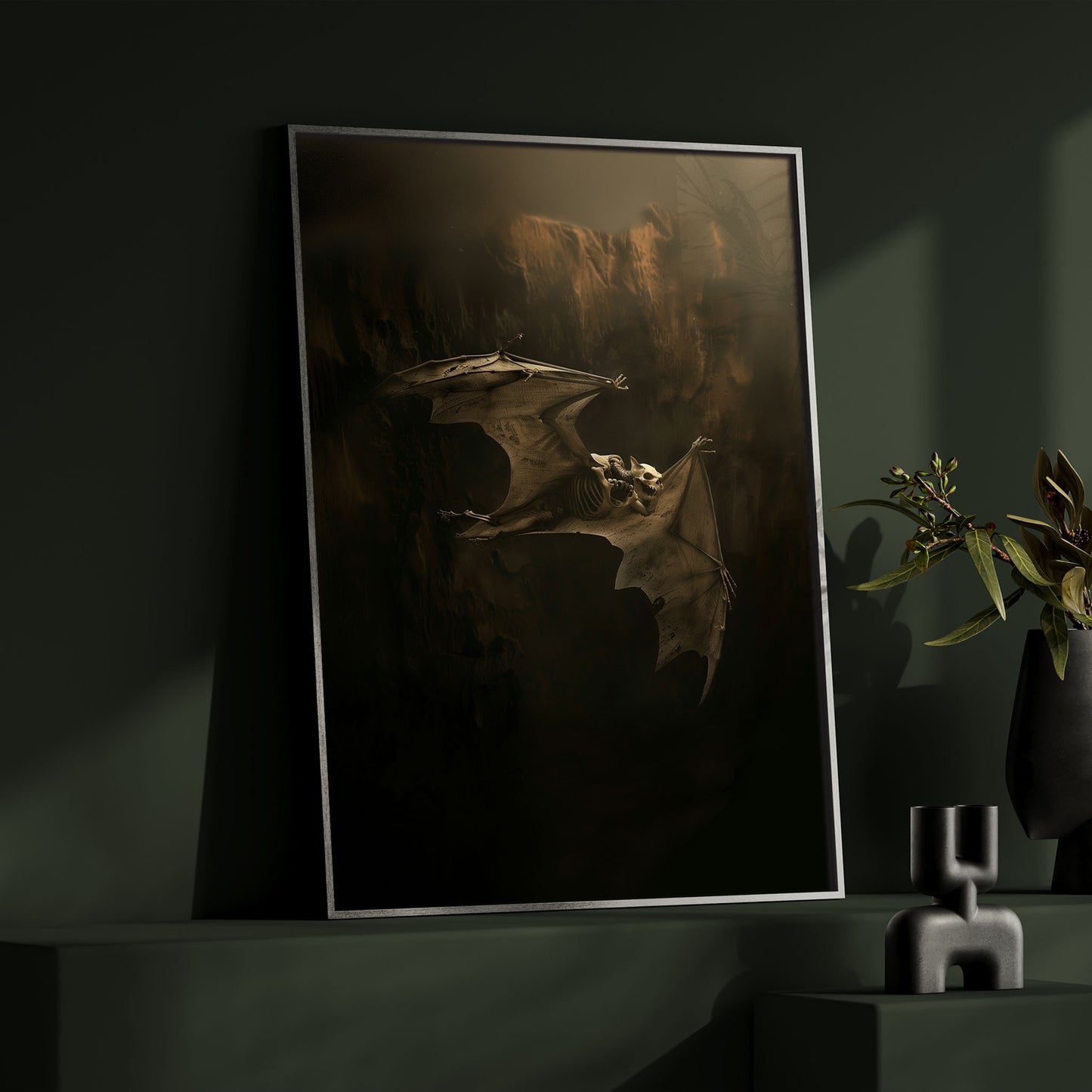 Macabre Skeletal Bat in Darkness Wall Art - Goth Decor Poster