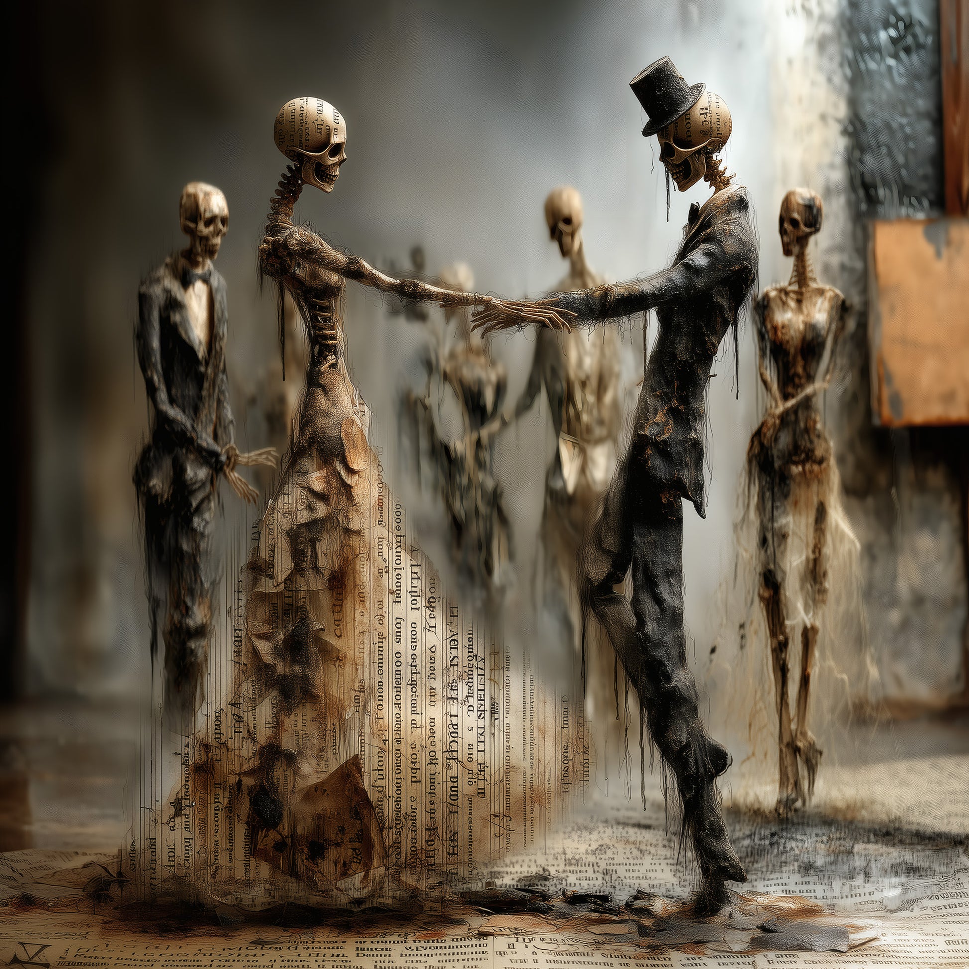 Skeleton wall art print showing Victorian couple dancing in gothic romantic scene with newspaper texture