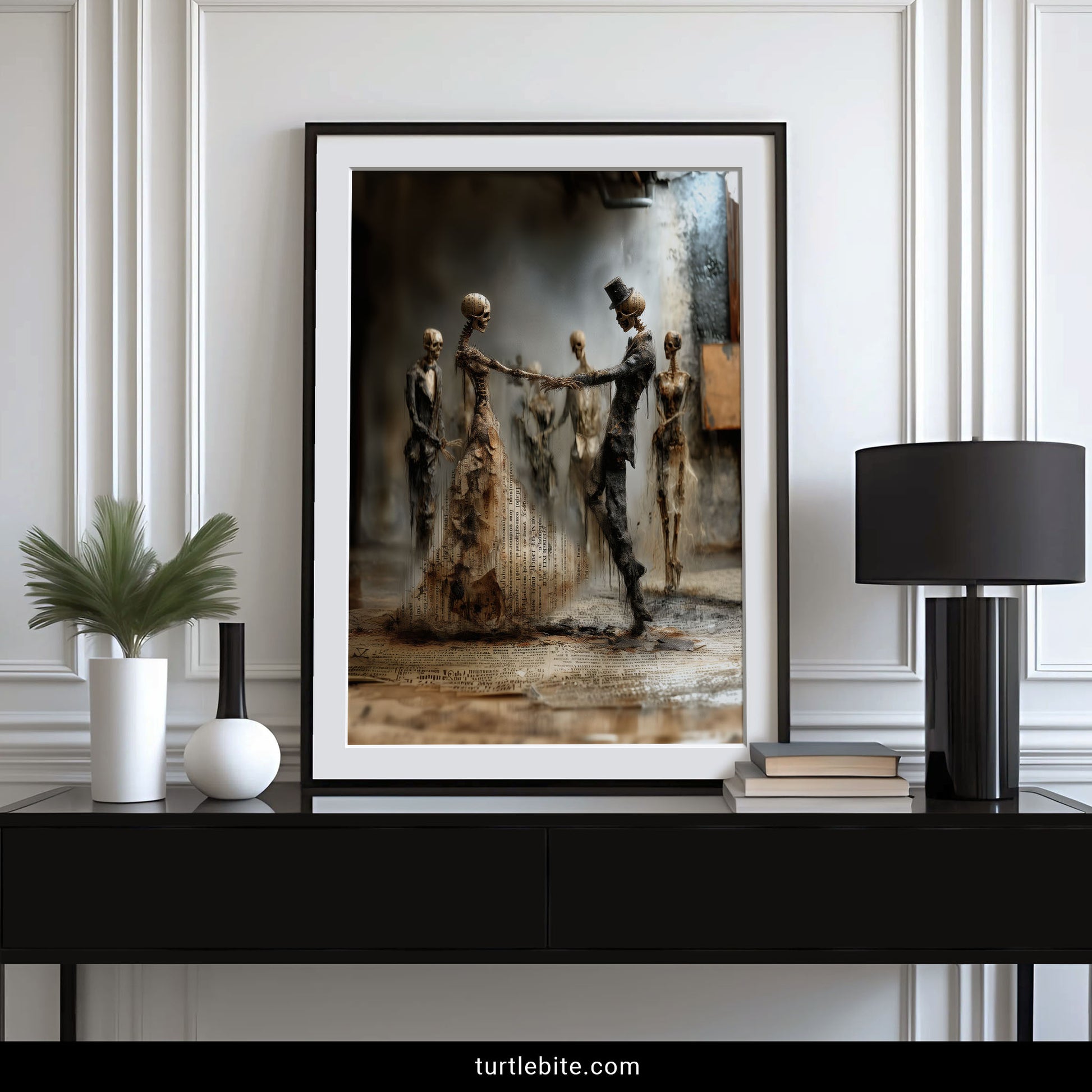 Macabre romantic art showing two skeletons holding hands in eternal dance with dark atmospheric setting