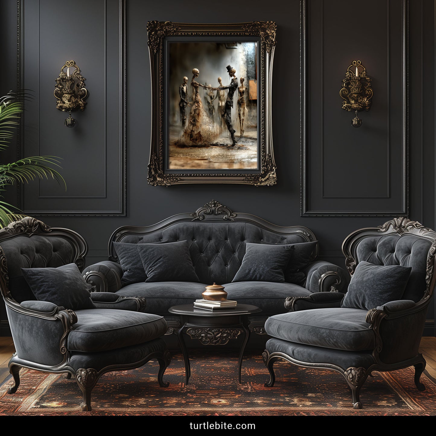 Gothic home decor print with dancing skeletons in Victorian clothing and aged newspaper collage background