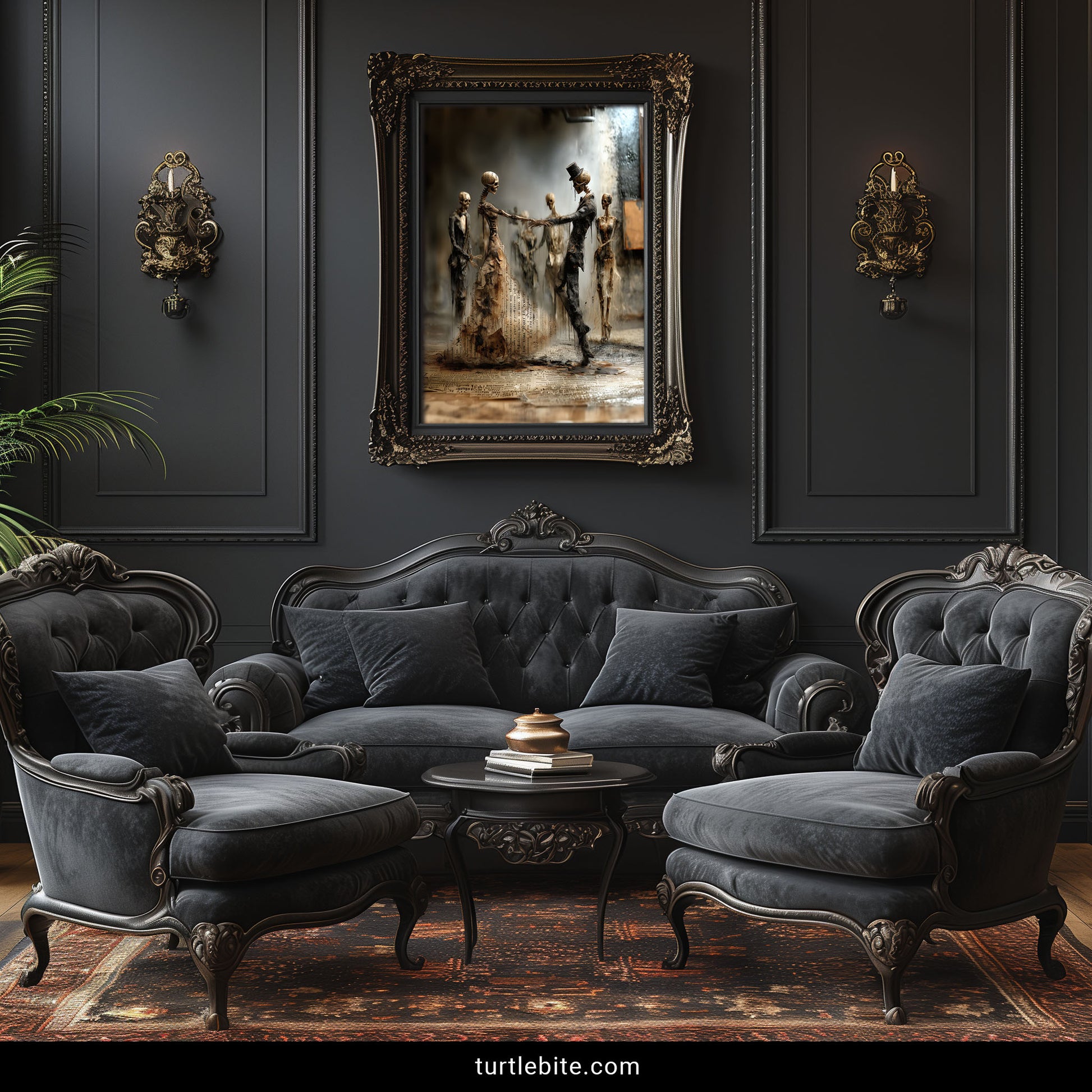 Gothic home decor print with dancing skeletons in Victorian clothing and aged newspaper collage background