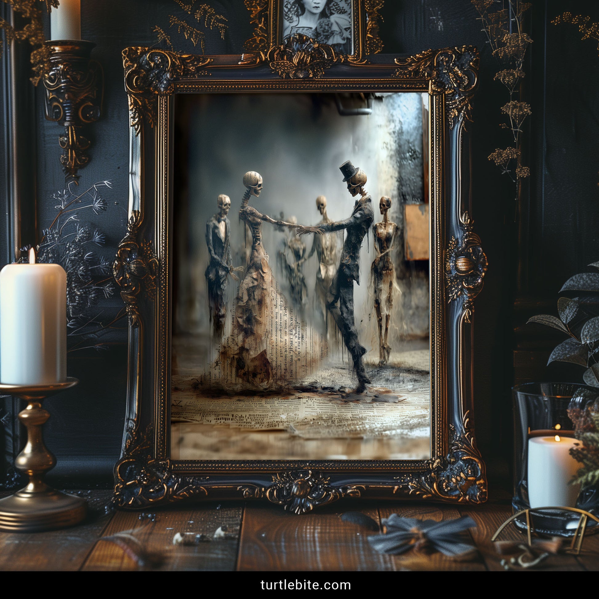 Skeleton wall art print showing Victorian couple dancing in gothic romantic scene with newspaper texture