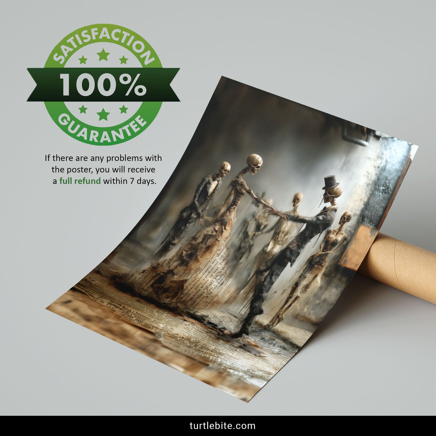 Dark art poster featuring elegant skeleton couple in top hat and dress dancing among ghostly figures