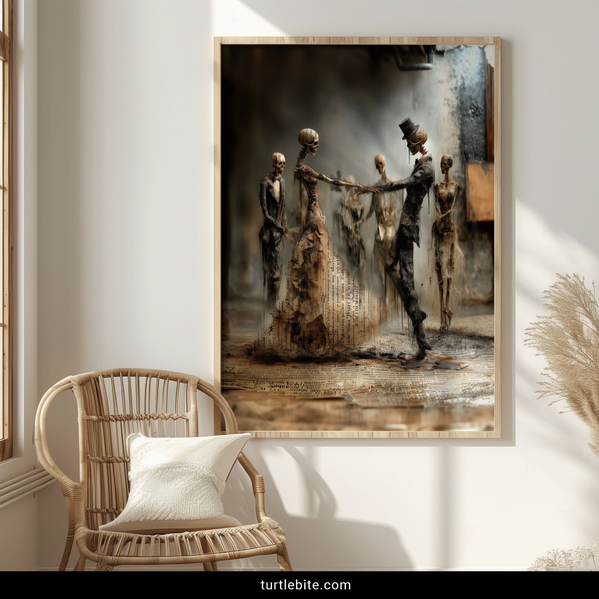 Macabre romantic art showing two skeletons holding hands in eternal dance with dark atmospheric setting