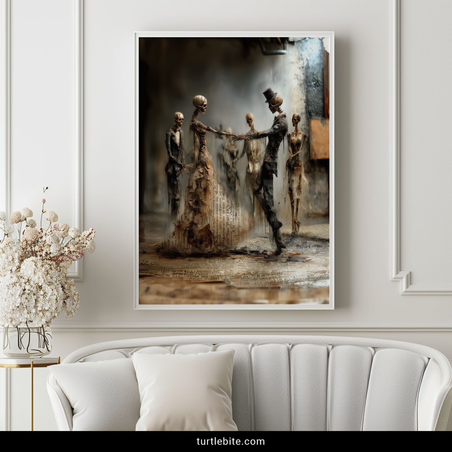 Victorian gothic wall art with skeleton dance couple memento mori theme and vintage texture details