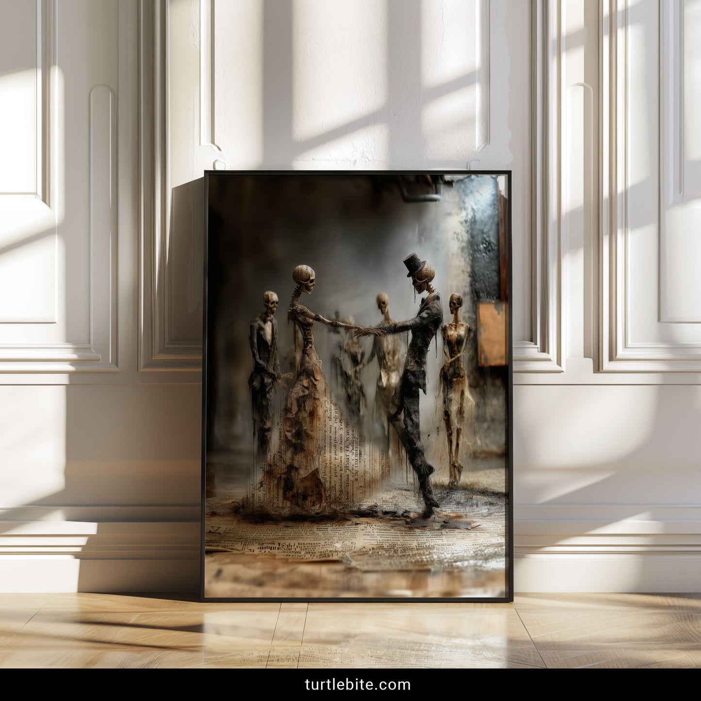 Macabre romantic art showing two skeletons holding hands in eternal dance with dark atmospheric setting