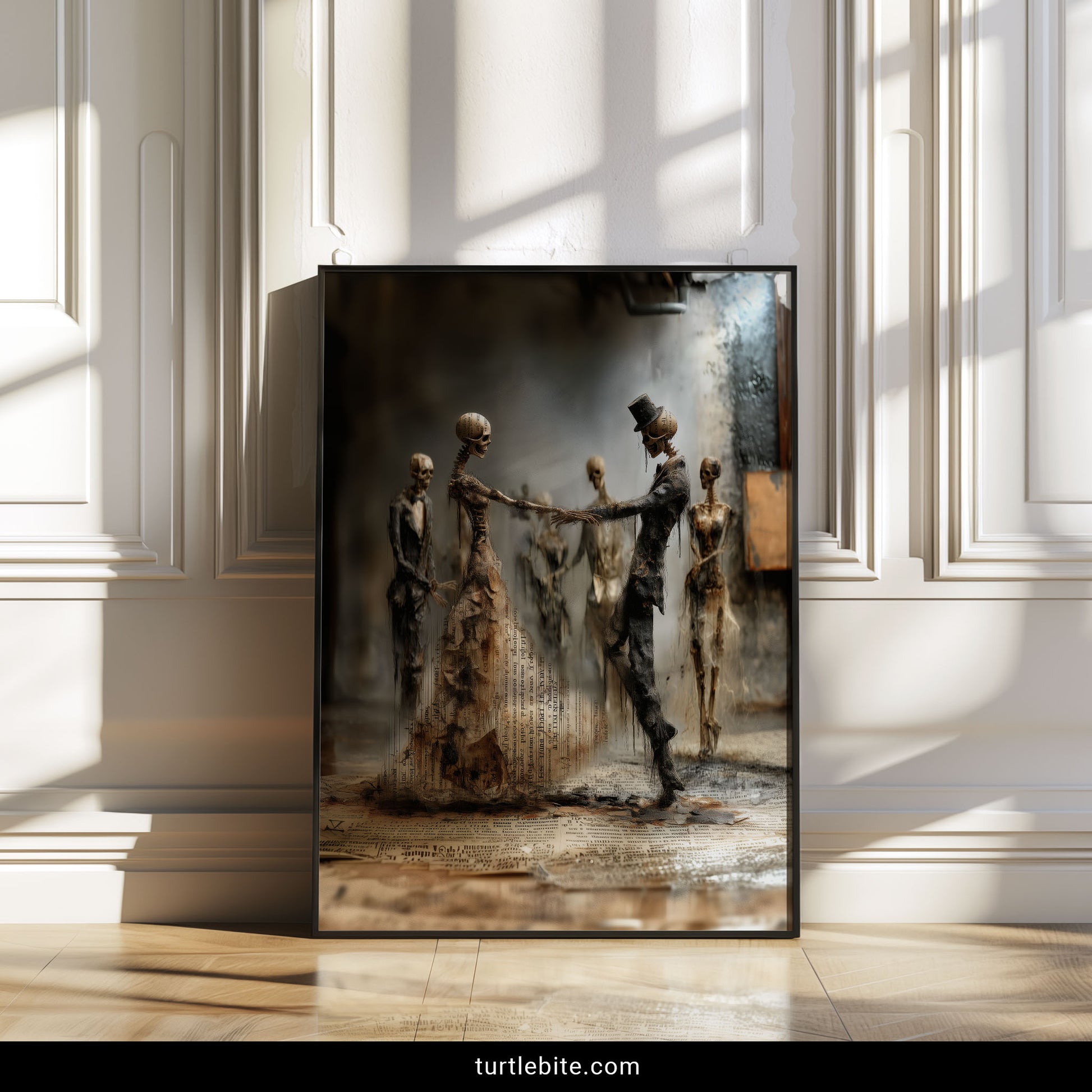 Macabre romantic art showing two skeletons holding hands in eternal dance with dark atmospheric setting