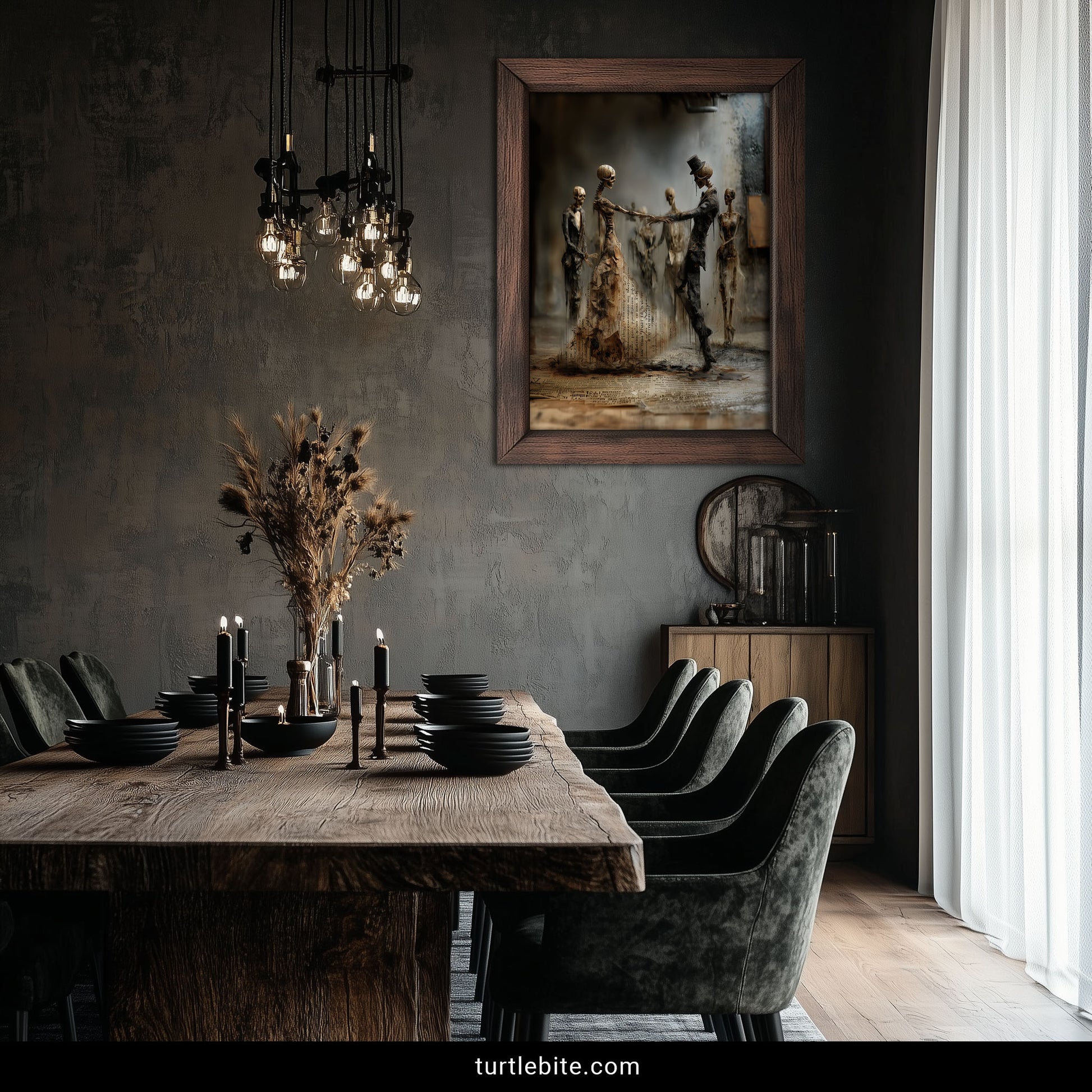 Gothic home decor print with dancing skeletons in Victorian clothing and aged newspaper collage background