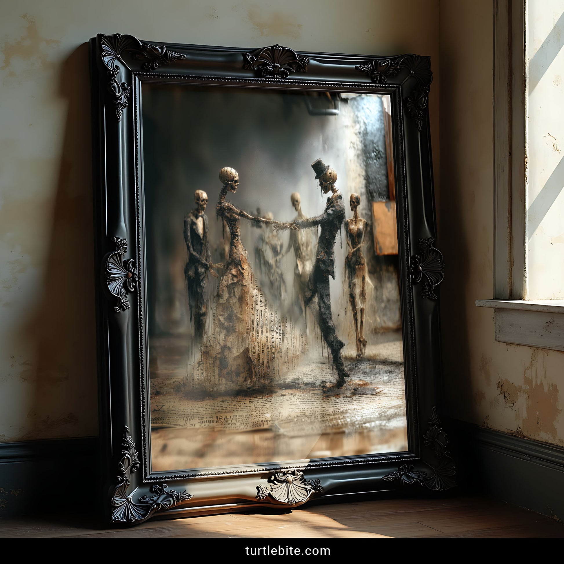 Dark art poster featuring elegant skeleton couple in top hat and dress dancing among ghostly figures