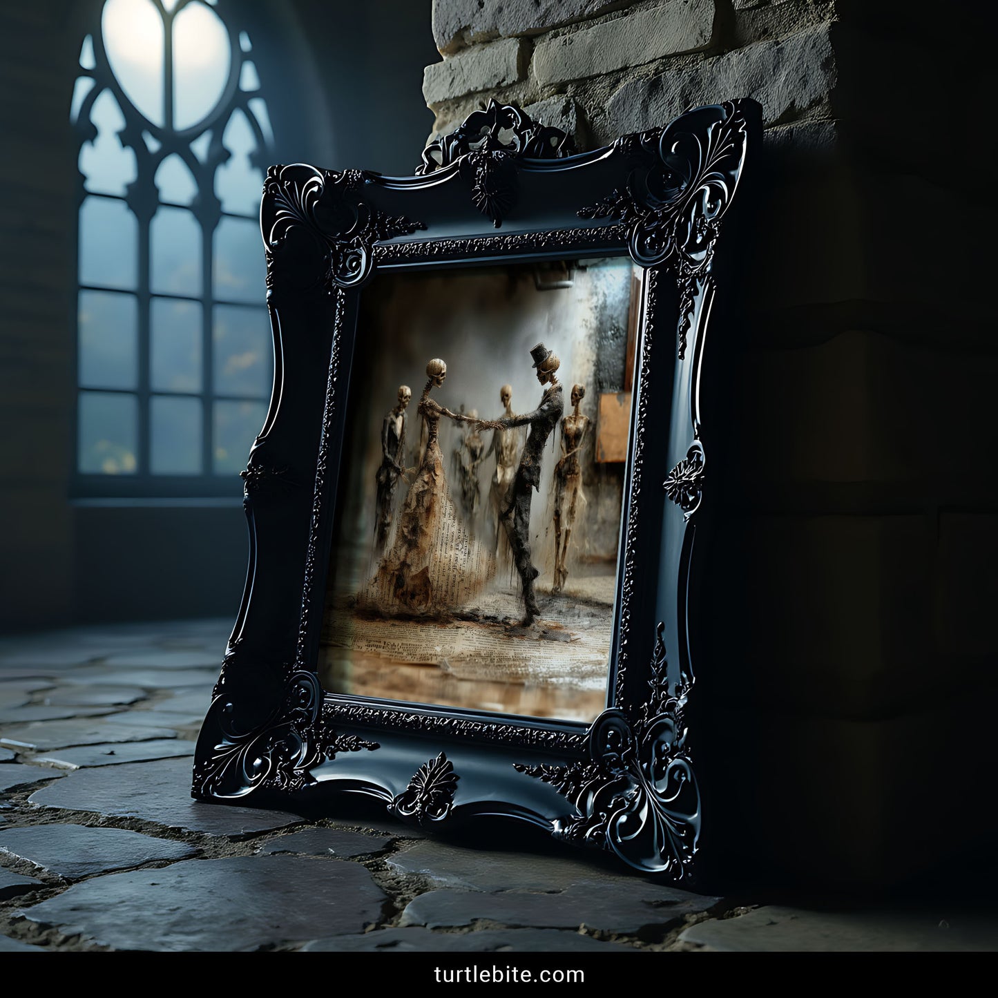 Macabre romantic art showing two skeletons holding hands in eternal dance with dark atmospheric setting