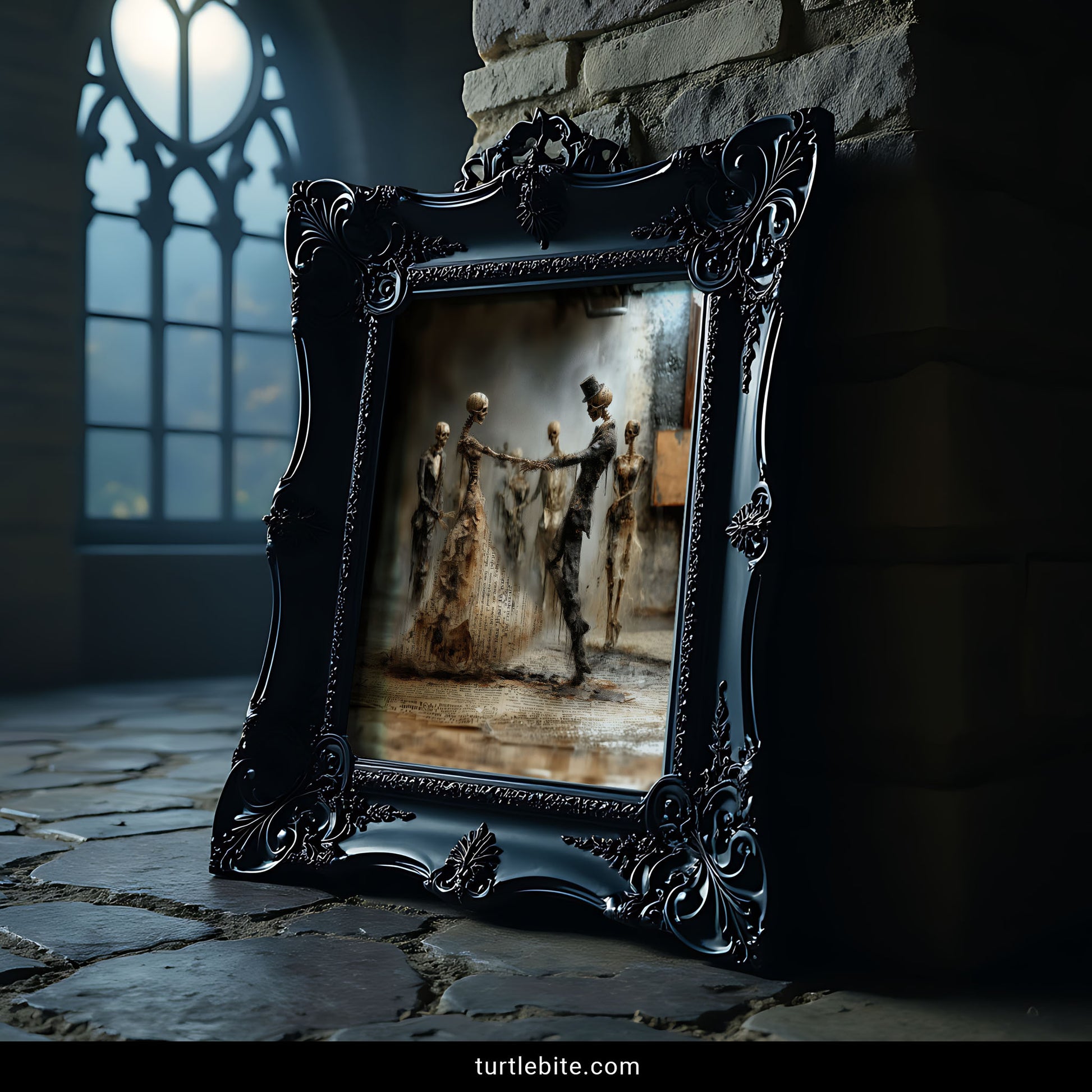 Macabre romantic art showing two skeletons holding hands in eternal dance with dark atmospheric setting
