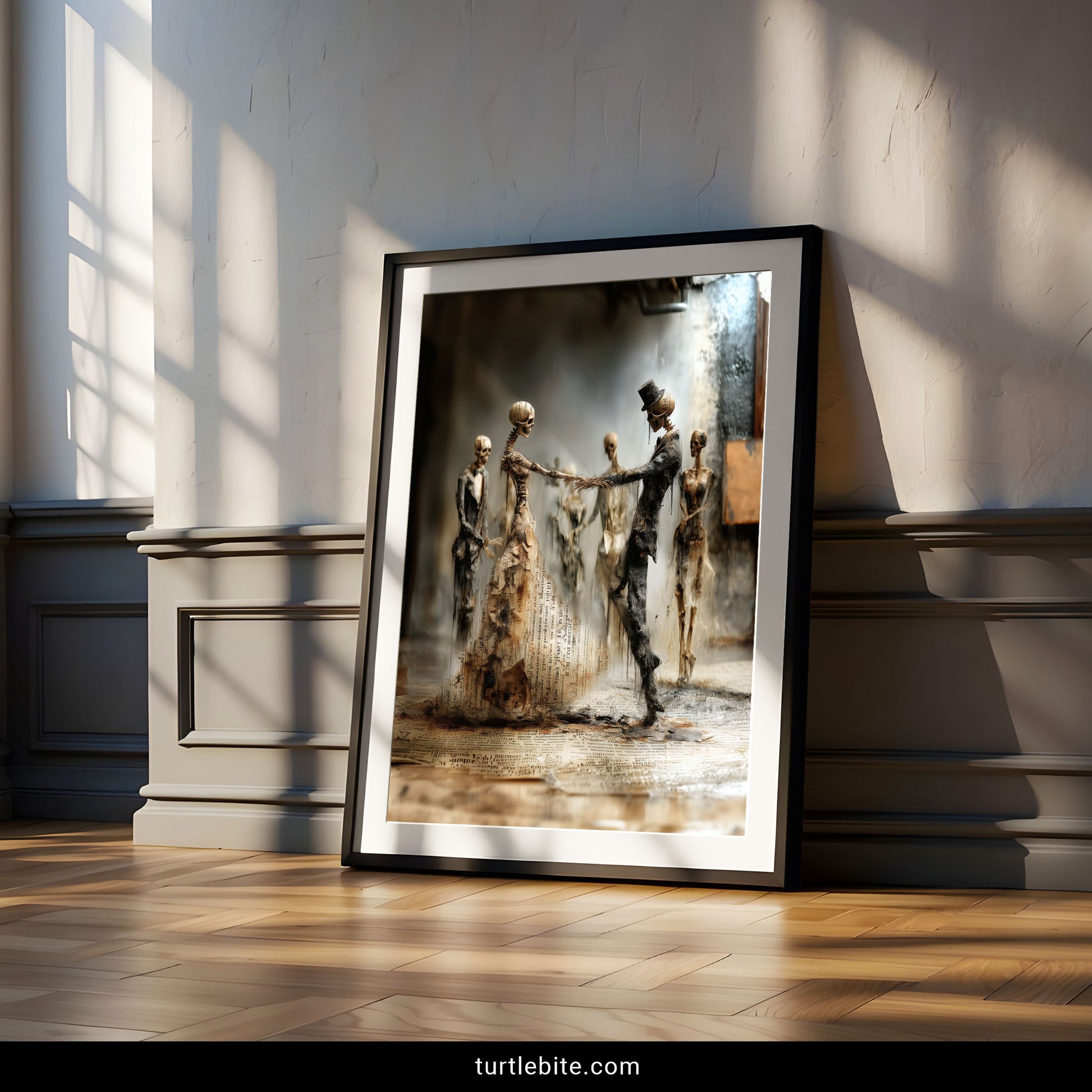 Dark art poster featuring elegant skeleton couple in top hat and dress dancing among ghostly figures