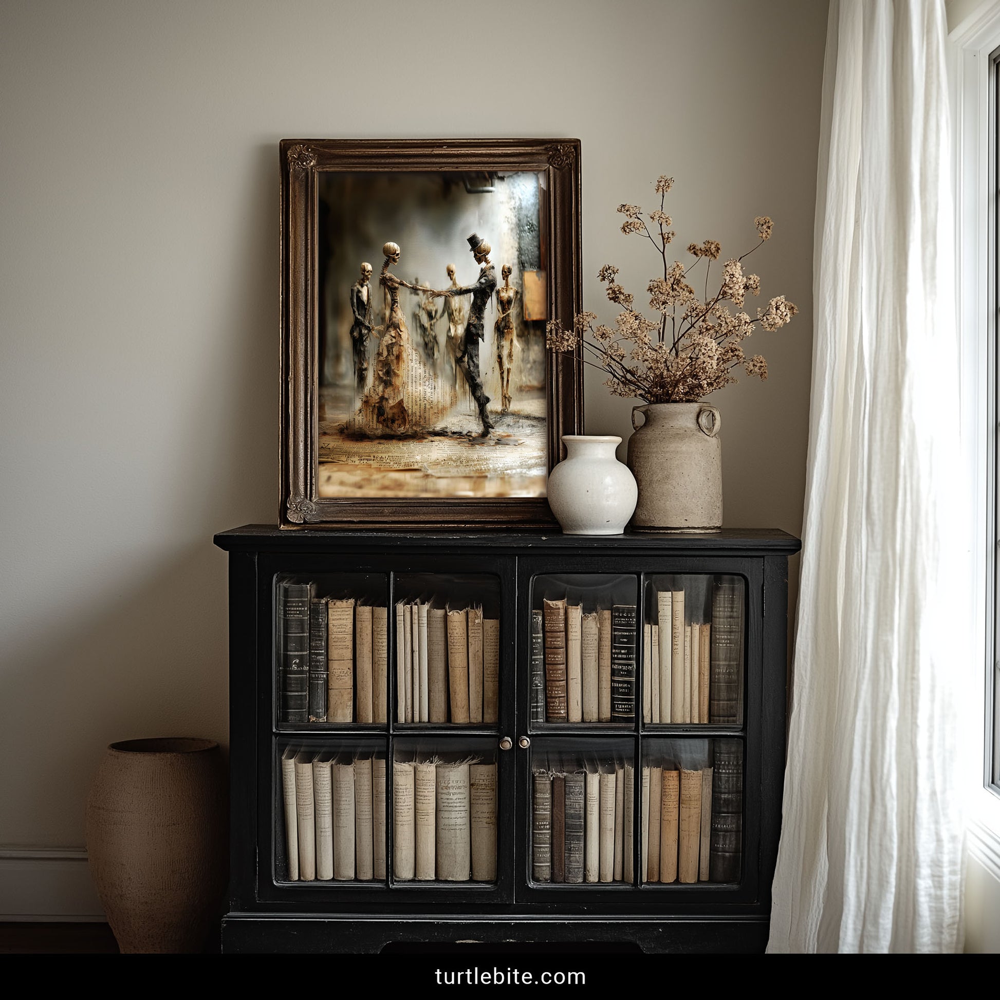 Gothic home decor print with dancing skeletons in Victorian clothing and aged newspaper collage background