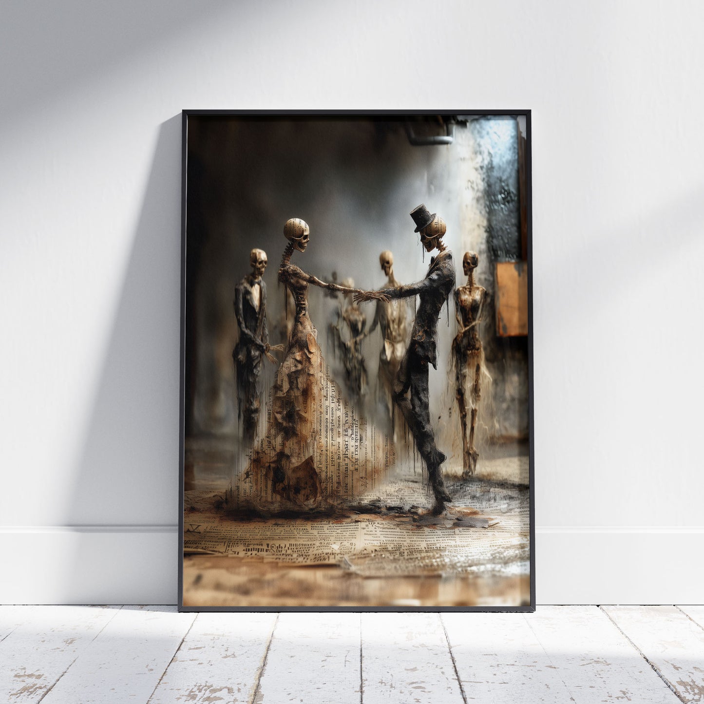 Skeleton wall art print showing Victorian couple dancing in gothic romantic scene with newspaper texture