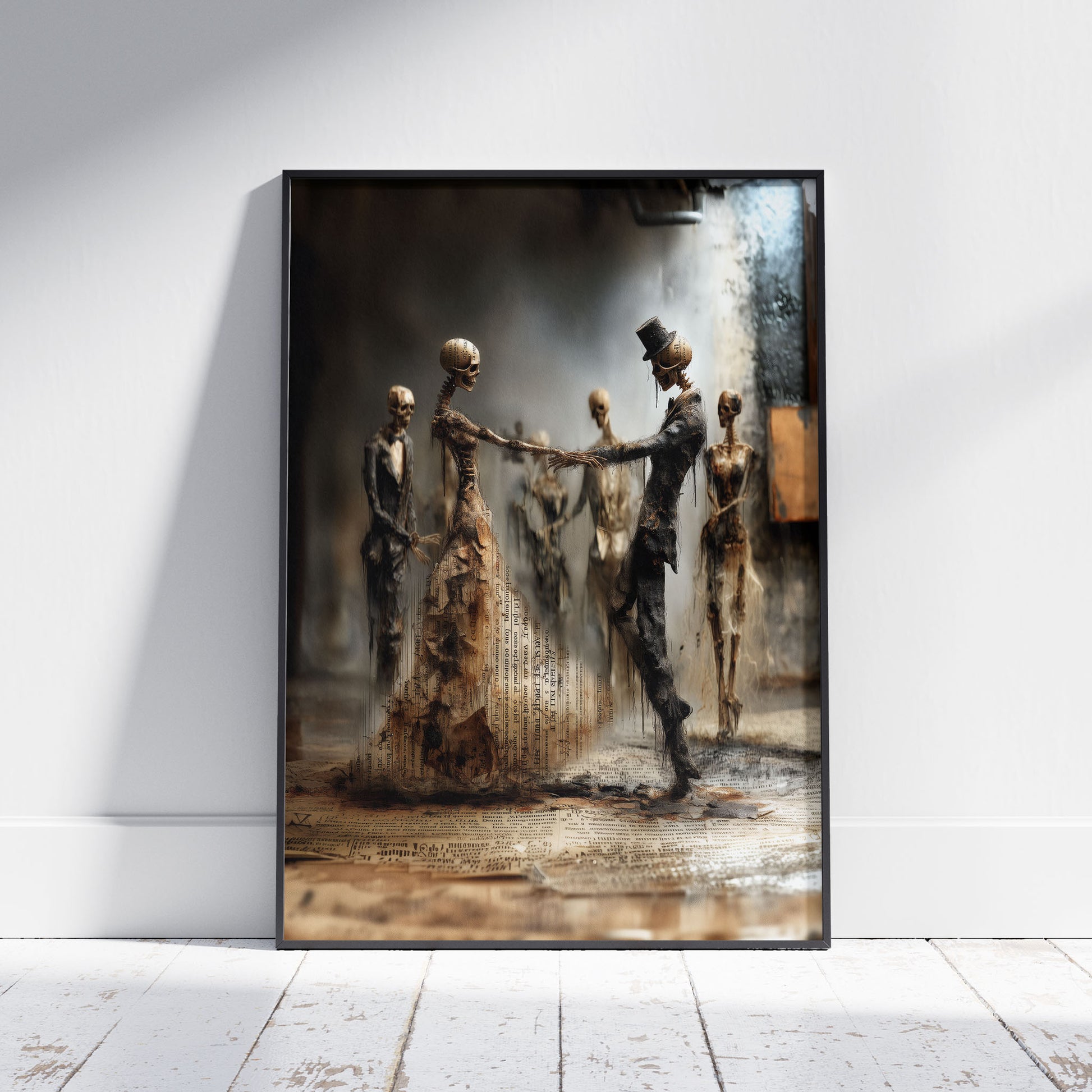 Skeleton wall art print showing Victorian couple dancing in gothic romantic scene with newspaper texture