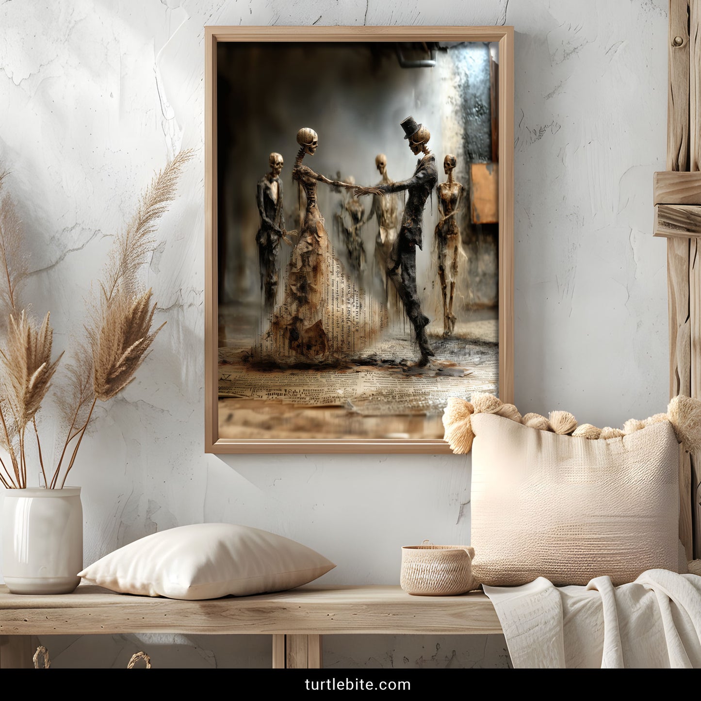 Dark art poster featuring elegant skeleton couple in top hat and dress dancing among ghostly figures