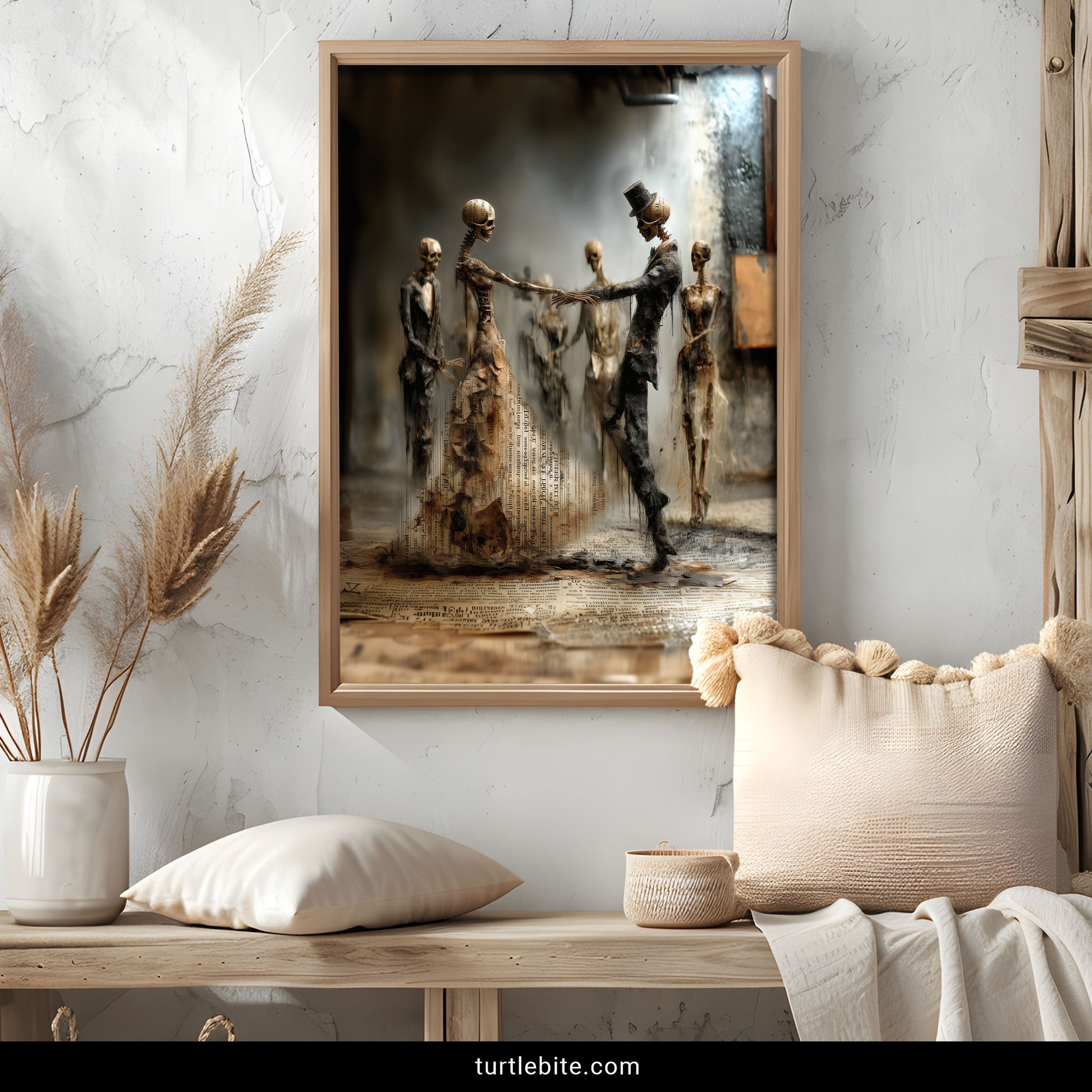 Dark art poster featuring elegant skeleton couple in top hat and dress dancing among ghostly figures