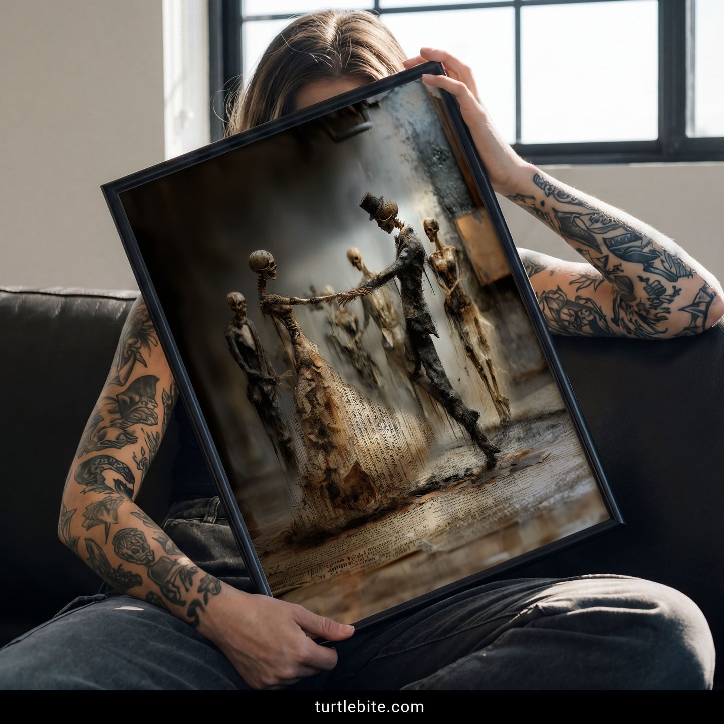 Dark art poster featuring elegant skeleton couple in top hat and dress dancing among ghostly figures