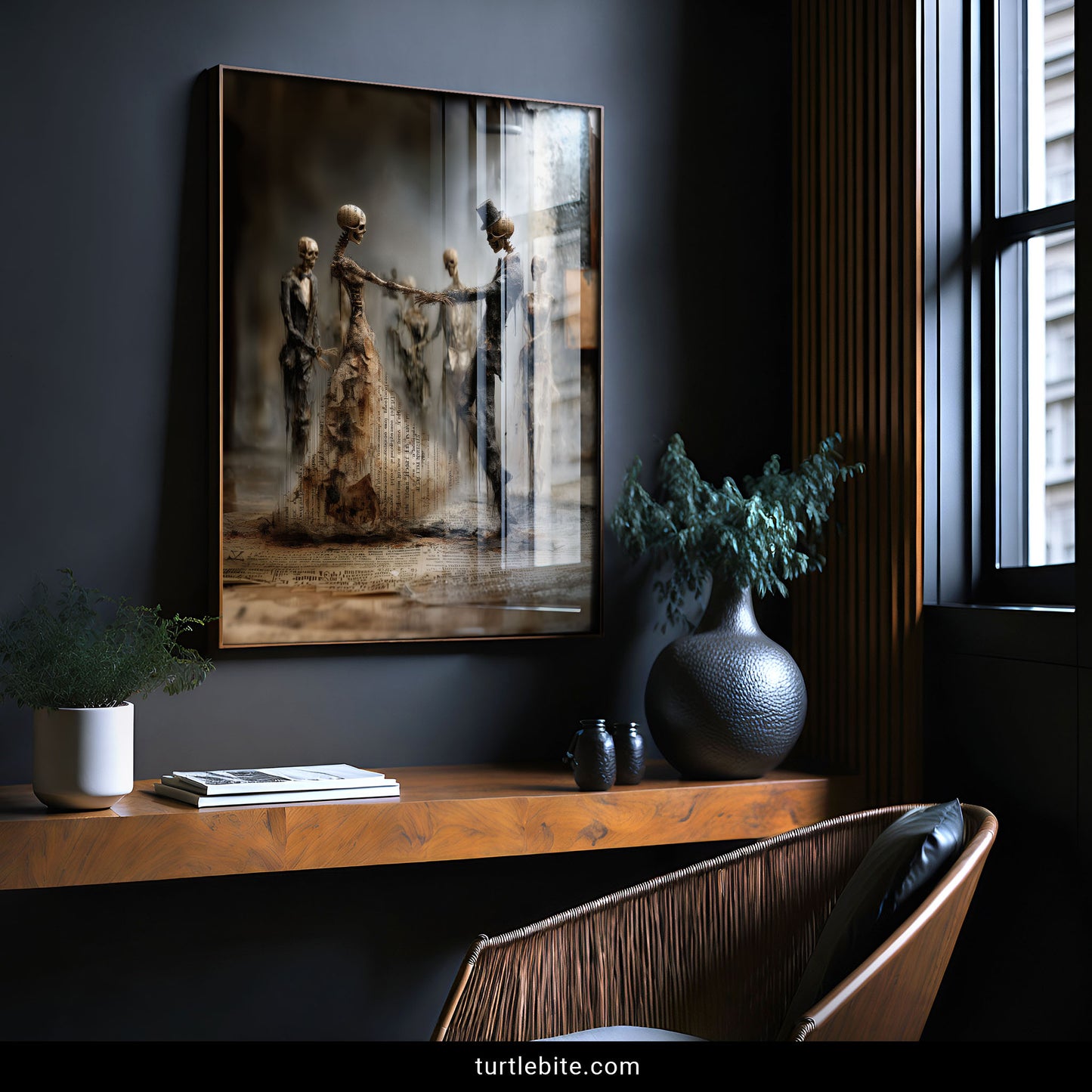 Gothic home decor print with dancing skeletons in Victorian clothing and aged newspaper collage background