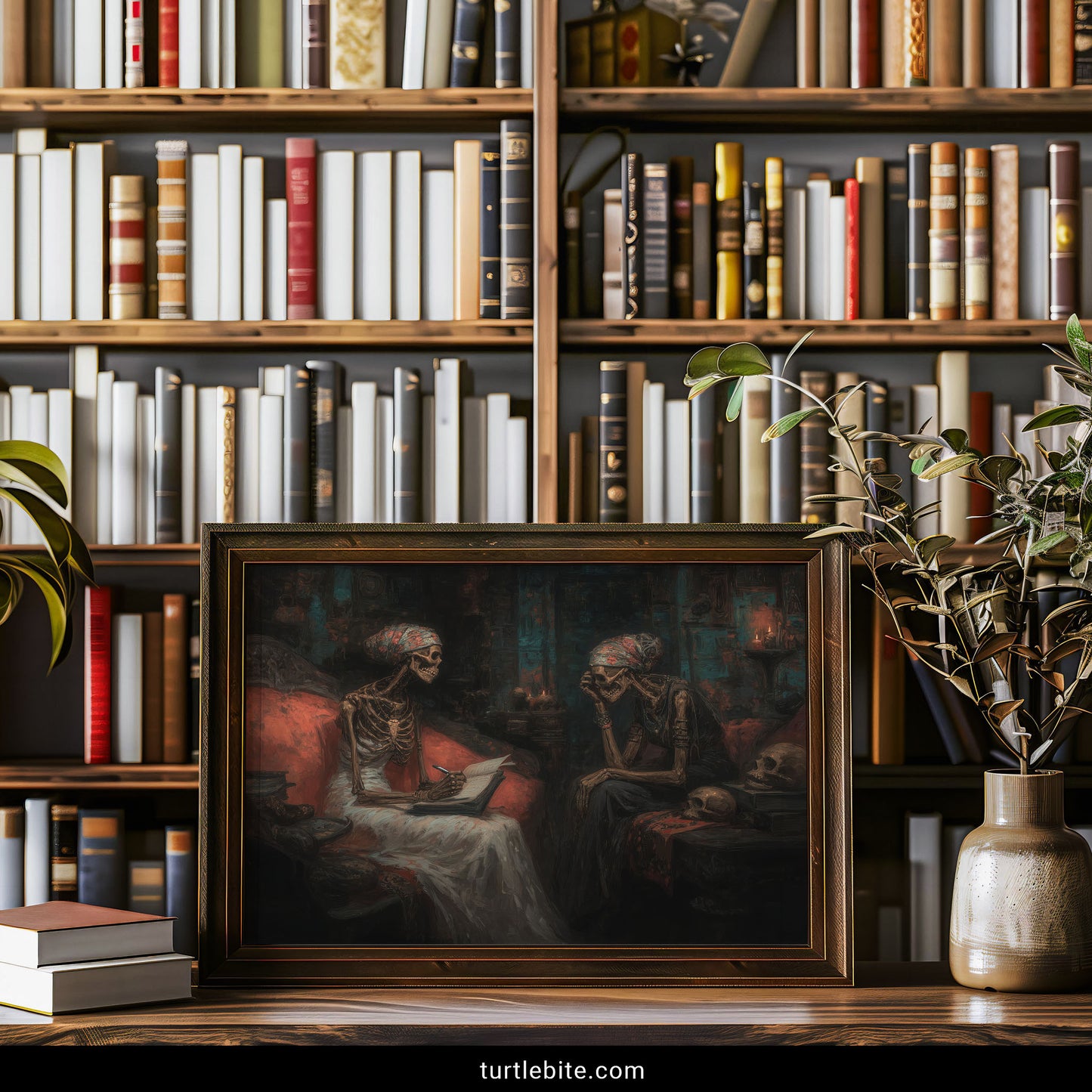 Dark academia skeleton poster with macabre Victorian aesthetic perfect for alternative home decor