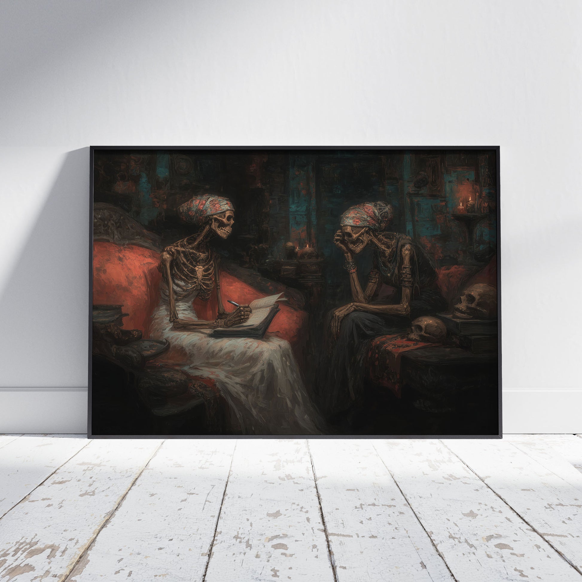 Skeleton wall art print featuring two skeletons in conversation with candlelight and gothic Victorian atmosphere
