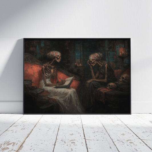 Skeleton wall art print featuring two skeletons in conversation with candlelight and gothic Victorian atmosphere